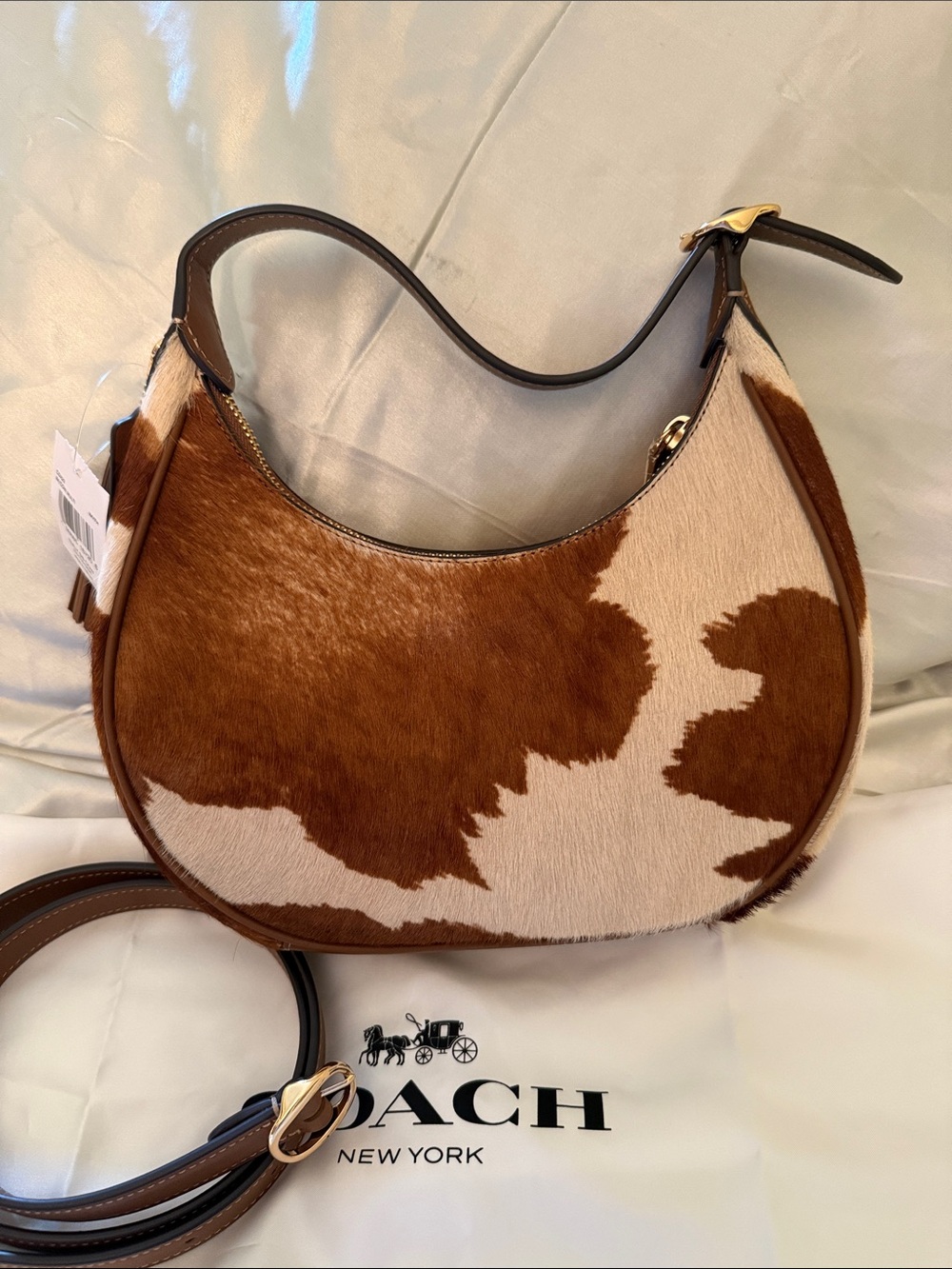 π€Coach NWT Emily Brown and Cream Calf-hair Cow Print Shoulder Bag/Gold Hardware - Picture 4 of 10